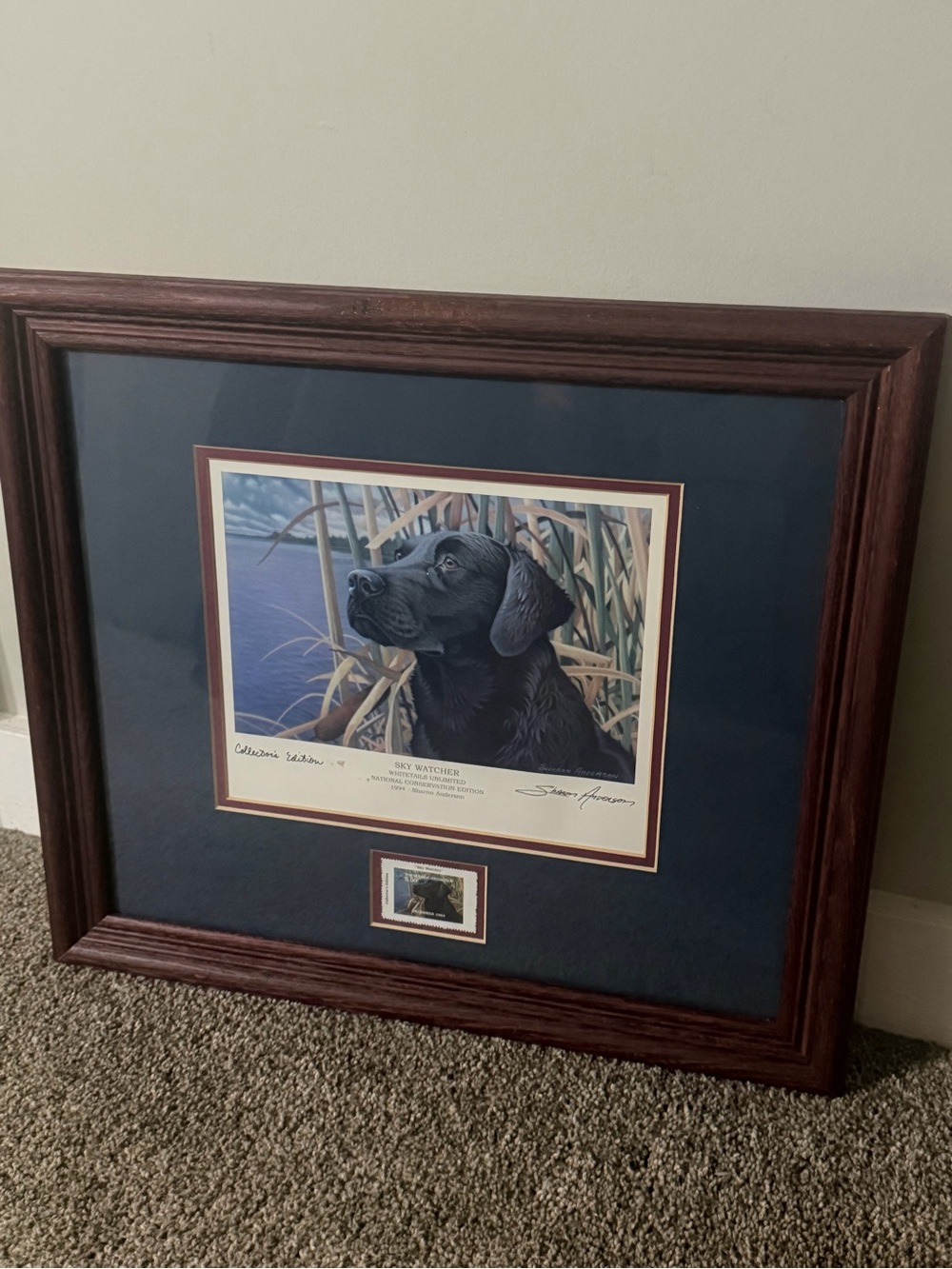 Framed Black Labrador Stamp Art Print with Navy Mat